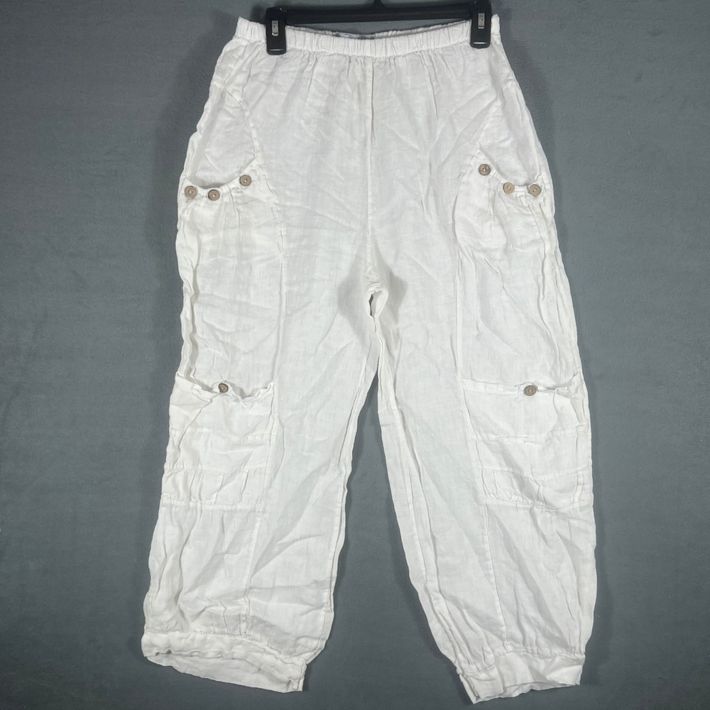 Tina Stephens Womens Pants One Size White Cargo Relaxed Cropped Linen Italy